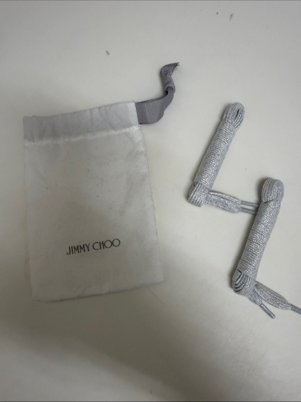 Jimmy Choo NWOT White Dust Bag with Silver Glitter Shoelaces